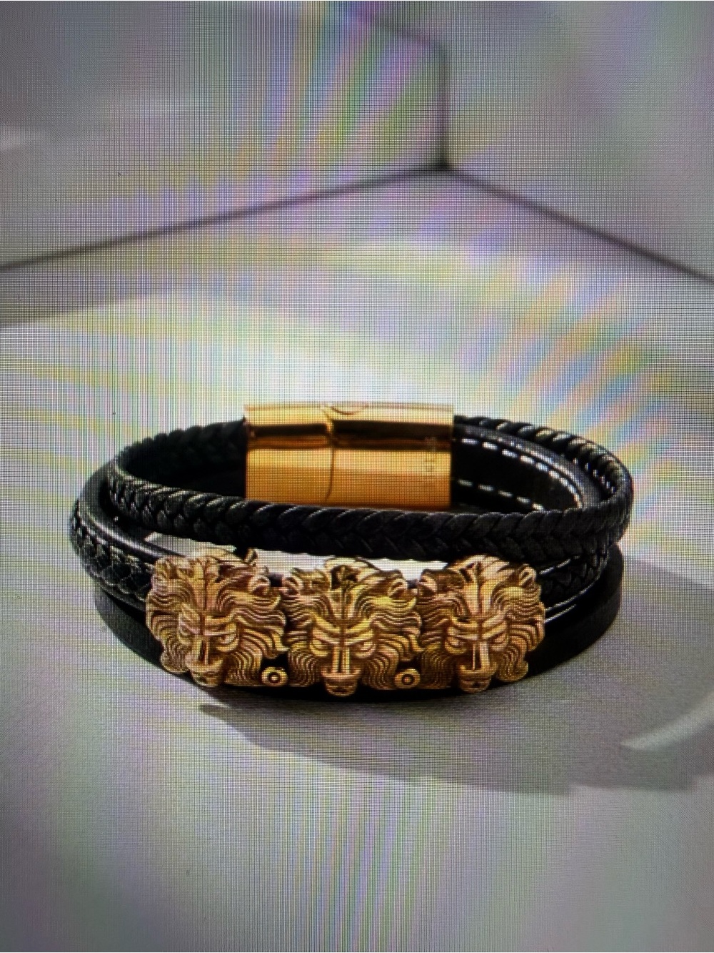 Black Leather Bracelet with Gold Designer Lion Accents